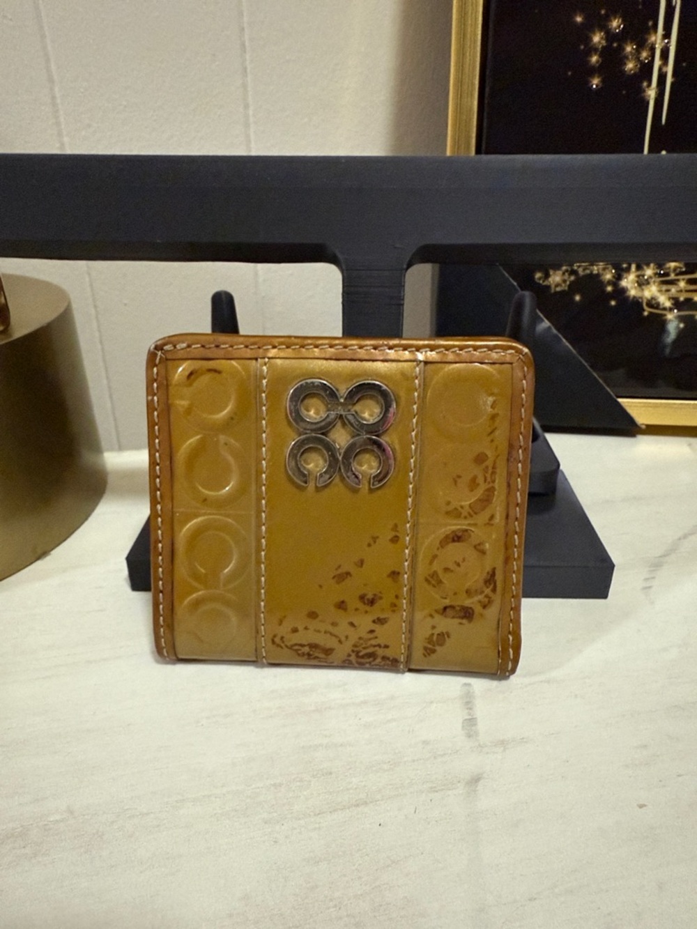 Coach Gold Patent Leather Card Wallet with Silver Emblem